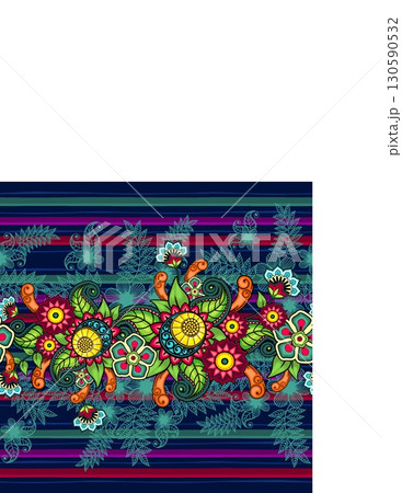 colorful traditional textile design featuring intricate floral and animal patterns with vibrant hues and geometric details colorful traditional textile design featuring intricate floral and animal patterns with vibrant hues and geometric details 130590532