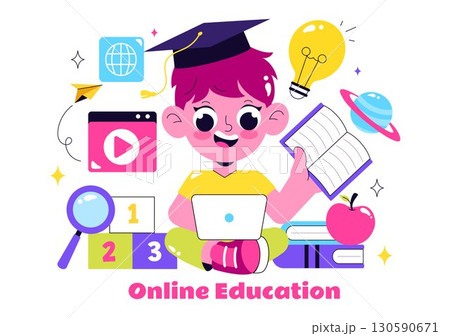 Online Education for Kids Vector Illustration featuring Knowledge Books, School Supplies, and Learning Materials in a Flat Style Cartoon Background 130590671