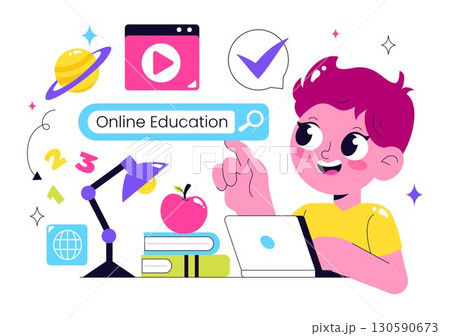 Online Education for Kids Vector Illustration featuring Knowledge Books, School Supplies, and Learning Materials in a Flat Style Cartoon Background 130590673