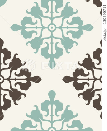 Elegant symmetrical floral pattern with intricate blue and brown motifs tile design 130590711
