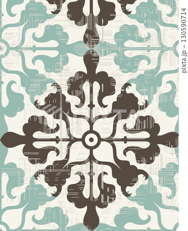 intricate Asian-inspired black and teal decorative symmetrical pattern with floral motifs and geometric accents digitally illustrated intricate Asian-inspired black and teal decorative symmetrical pattern with floral motifs and geometric accents digitally illustrated 130590714