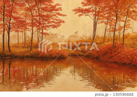 燃えるような紅葉と水面の反射 130590888