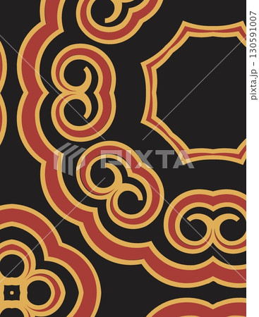 intricate geometric mandala design with gold and red accents on black background 130591007