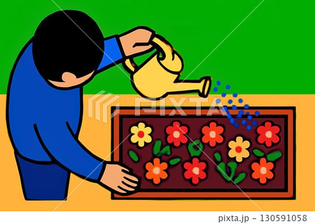 花壇に水をあげる人物 フラットデザインイラスト 130591058
