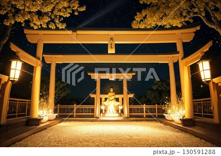 神々しい光に包まれた神社の夜景 130591288