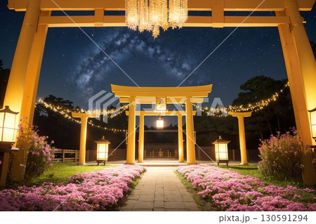ピンクの花が彩る神社の参道 130591294