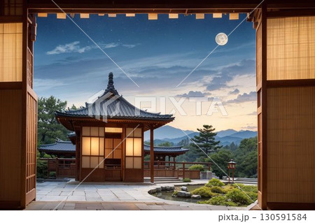 紅葉のリースや飾り枠、秋の風景画が描かれたデザイン素材 紅葉のリースや飾り枠、秋の風景画が描かれたデザイン素材 130591584