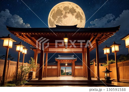 荘厳な門と灯籠が並ぶ、静寂な夜の日本庭園 130591588