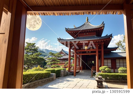 月が浮かぶ荘厳な古都の寺院 130591599