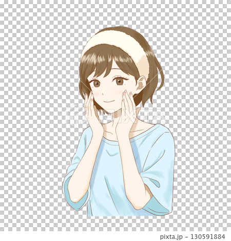 Anime-style woman wearing a headband doing skin care on a transparent background 130591884