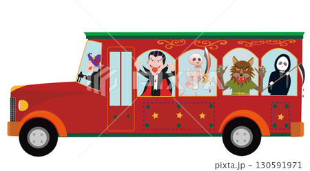 バスでパレードしているハロウィンのキャラクターたち。 130591971