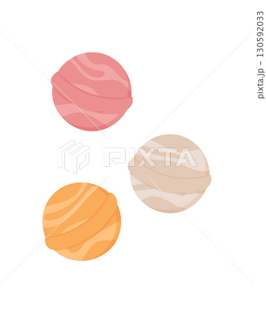 Set of three bath bombs in organic colors for skin and beauty care. Simple and flat style, ideal for spa relaxation themes. Suitable wellness, self pampering. Set of three bath bombs in organic colors for skin and beauty care. Simple and flat style, ideal for spa relaxation themes. Suitable wellness, self pampering. 130592033