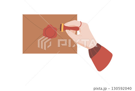 Woman hand sealing letter with wax seal on envelope. Flat design of handwritten message and postal elements. Concept of communication, love, and holiday themes, suitable for invitations or greeting Woman hand sealing letter with wax seal on envelope. Flat design of handwritten message and postal elements. Concept of communication, love, and holiday themes, suitable for invitations or greeting 130592040