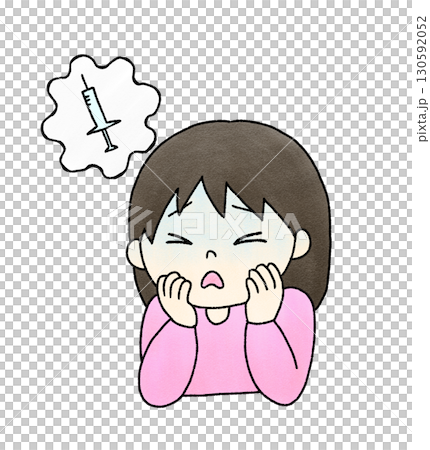 A hand-drawn illustration of a girl who is afraid of injections and turns pale 130592052