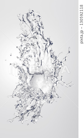 白背景に無色の水しぶき。水の素材。3D画像。(縦長) 白背景に無色の水しぶき。水の素材。3D画像。(縦長) 130592118