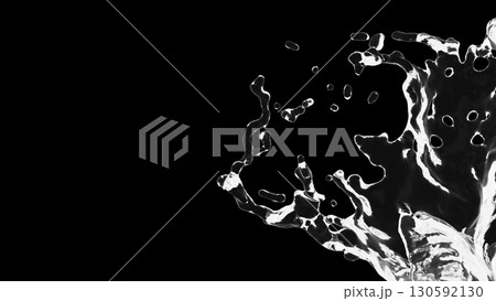 黒背景に水しぶき。水の素材。3D画像。(横長) 黒背景に水しぶき。水の素材。3D画像。(横長) 130592130