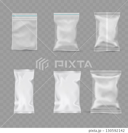 Realistic transparent plastic zipper bag and snack pouch mockups. Vector 130592142