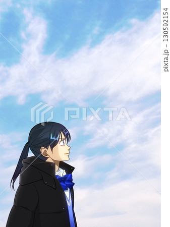 冬の晴れ間、空を見上げる高校生または中学生の女の子のアニメ風イラスト、右に余白 130592154