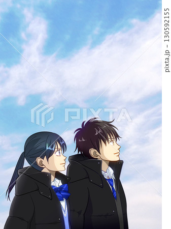 冬の晴れ間、空を見上げる高校生または中学生の男女のアニメ風イラスト 130592155