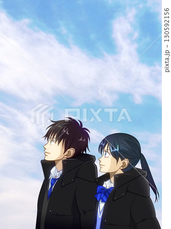 冬の晴れ間、空を見上げる高校生または中学生の男女のアニメ風イラスト 冬の晴れ間、空を見上げる高校生または中学生の男女のアニメ風イラスト 130592156