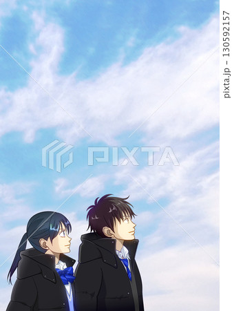冬の晴れ間、空を見上げる高校生または中学生の男女のアニメ風イラスト 冬の晴れ間、空を見上げる高校生または中学生の男女のアニメ風イラスト 130592157