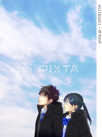 冬の晴れ間、空を見上げる高校生または中学生の男女のアニメ風イラスト 冬の晴れ間、空を見上げる高校生または中学生の男女のアニメ風イラスト 130592158