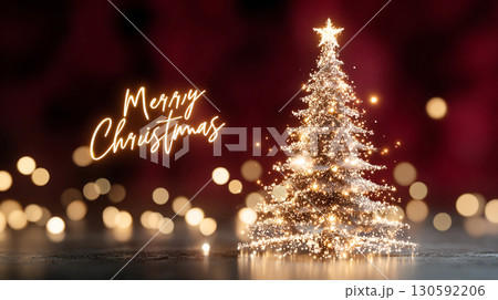 Glowing Christmas tree with sparkling lights and Merry Christmas text celebration background 130592206