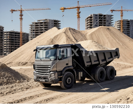 modern dump truck with sand at construction site with building under construction in background 130592210