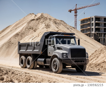 dump truck carries sand to construction site, construction concept 130592215