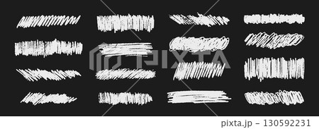 White charcoal brush stokes on blackboard. Grunge pastel pencil doodle scribbles set. Hand drawn crayon wavy squiggle shapes collection. Vector rough chalk sketch scrawls and hatches pack White charcoal brush stokes on blackboard. Grunge pastel pencil doodle scribbles set. Hand drawn crayon wavy squiggle shapes collection. Vector rough chalk sketch scrawls and hatches pack 130592231