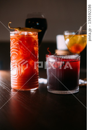 Cocktail set. Alcoholic drink. Bright beverages served in glass on pub table. Bar refreshing assortment with bloody mary wine negroni. Cocktail set. Alcoholic drink. Bright beverages served in glass on pub table. Bar refreshing assortment with bloody mary wine negroni. 130592286