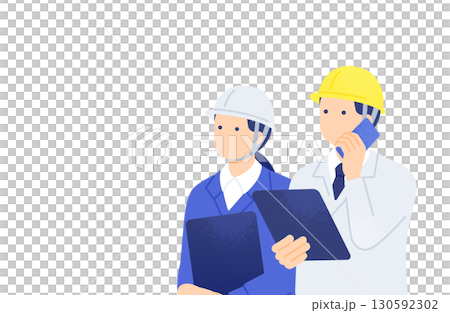 A team of men and women conducting maintenance inspections at a construction site while looking at tablets and drawings 130592302