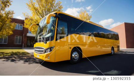 new yellow city bus parked on tree lined street near building in autumn, urban transport concept 130592355