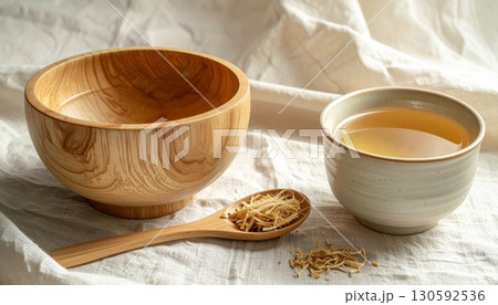 Dried Ginger in Wooden Cup with Ginger Tea 130592536