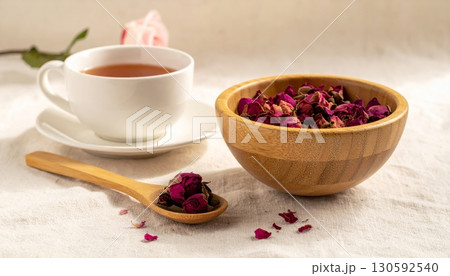 Dried Roses in Wooden Cup with Rose Tea 130592540