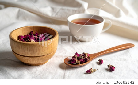 Dried Roses in Wooden Cup with Rose Tea 130592542