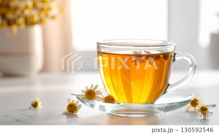 Chamomile Flower Tea in Clear Glass with Minimalist Background 130592546