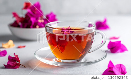 Peony Flower Tea in Clear Glass with Minimalist Background 130592548