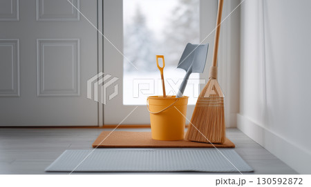 Winter preparation tools with snow shovel bucket and broom near home entrance 130592872