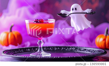 ハロウィンゼリーを食べようとしている飛んでいるお化け ハロウィンゼリーを食べようとしている飛んでいるお化け 130593001