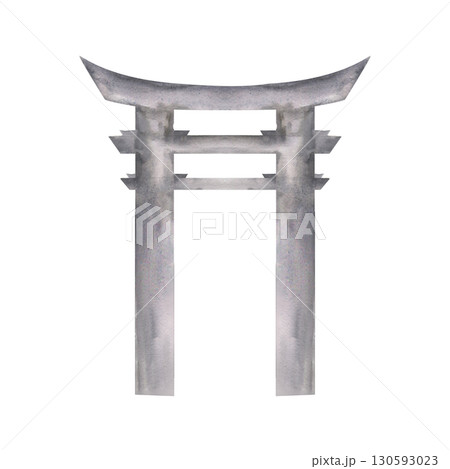 Japanese traditional gate torii watercolor illustration. Hand drawn isolated architecture element,outdoor garden decor. Oriental cultural fence clipart for poster,card,invitation design 130593023