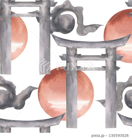 Japanese traditional outdoor gate watercolor seamless pattern. Geometric background with torii, red sun and clouds elements. Asian cultural clipart for textile, fabric,packing design Japanese traditional outdoor gate watercolor seamless pattern. Geometric background with torii, red sun and clouds elements. Asian cultural clipart for textile, fabric,packing design 130593026