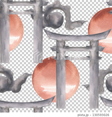 Japanese traditional outdoor gate watercolor seamless pattern. Geometric background with torii, red sun and clouds elements. Asian cultural clipart for textile, fabric,packing design Japanese traditional outdoor gate watercolor seamless pattern. Geometric background with torii, red sun and clouds elements. Asian cultural clipart for textile, fabric,packing design 130593026