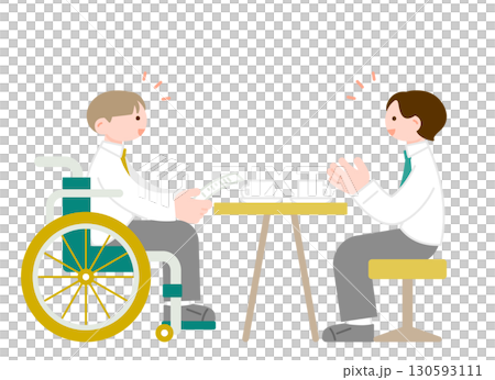 車椅子ユーザーと同じ職場で働く　多様性のある会社のイメージイラスト 130593111