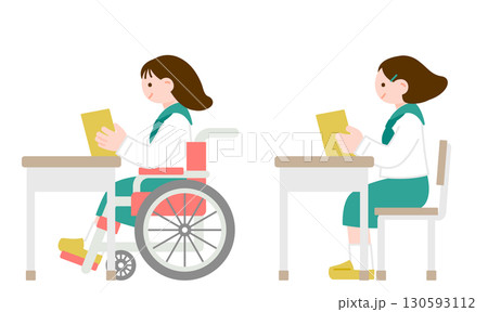車椅子ユーザーと学生が共に学ぶ教室イラスト　多様性のある学校のイメージ 130593112