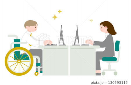 車椅子ユーザーと同じ職場で働く 多様性のある会社のイメージイラスト 車椅子ユーザーと同じ職場で働く 多様性のある会社のイメージイラスト 130593115