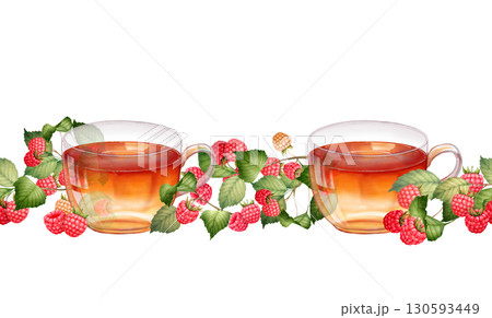 Hand-drawn illustration of a seamless horizontal border with cups of raspberry tea, fresh raspberries, and green leaves. Perfect for tea shop menus and healthy food designs. Hand-drawn illustration of a seamless horizontal border with cups of raspberry tea, fresh raspberries, and green leaves. Perfect for tea shop menus and healthy food designs. 130593449
