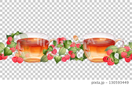 Hand-drawn illustration of a seamless horizontal border with cups of raspberry tea, fresh raspberries, and green leaves. Perfect for tea shop menus and healthy food designs. Hand-drawn illustration of a seamless horizontal border with cups of raspberry tea, fresh raspberries, and green leaves. Perfect for tea shop menus and healthy food designs. 130593449
