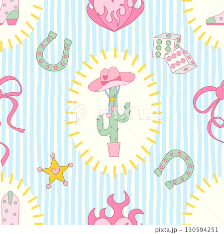 Cowgirl seamless pattern. Cowboy western theme, cactus, cowboy hat, flame heart and boots in girly style. Hand-drawn cartoon print on a stripy green background. Vector wallpaper, t-shirt and vintage 130594251