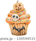 Watercolor Halloween Cupcake with Pumpkin and Bat 130594515